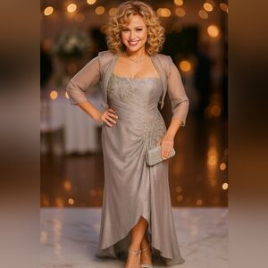 Elegant Silver-Beige Evening Dress with Sheer Bolero